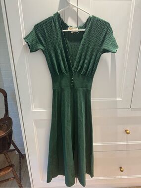 Sezane Green Knit Midi Dress with Button Waist